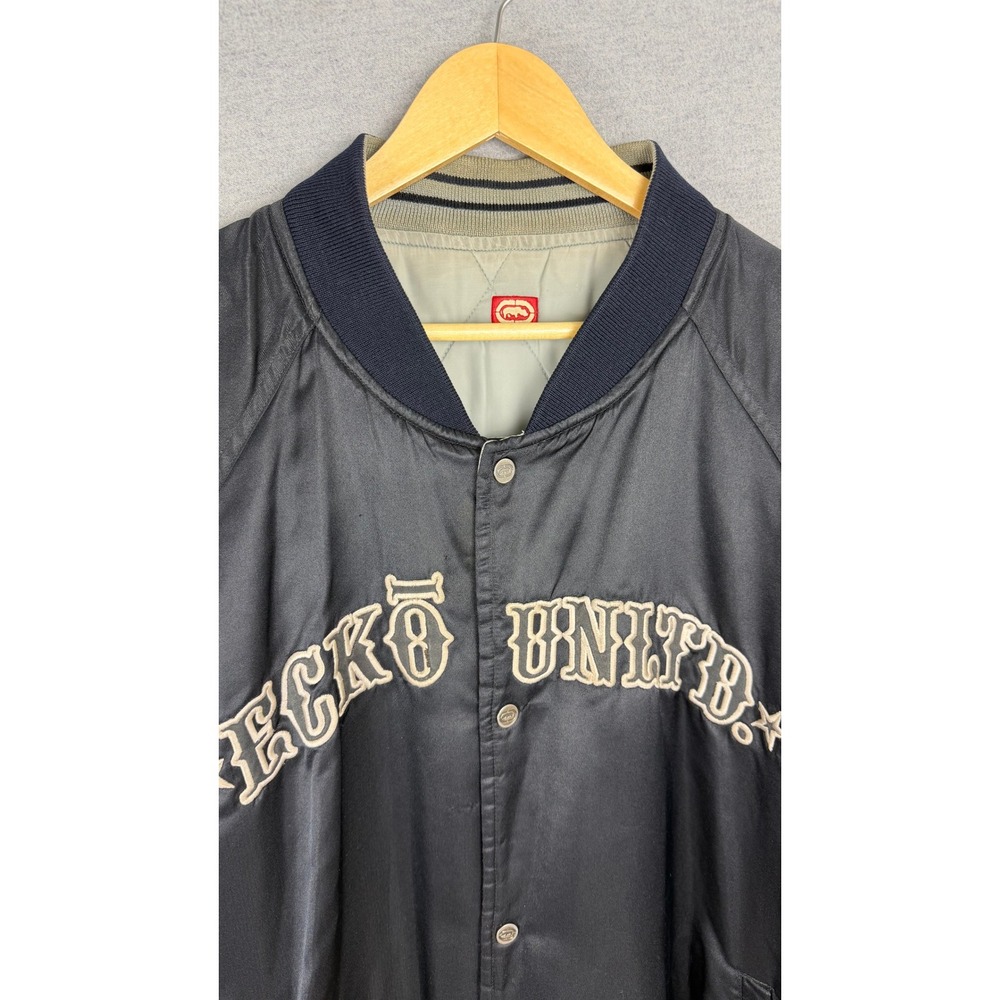 Ecko Unltd Reversible Bomber Jacket‎ Mens XXL Black Satin Grey Quilted Varsity